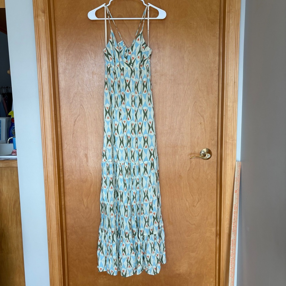 Quiksilver Maxi Dress Geometric Print Spaghetti Strap Tiered Ruffle Women's S